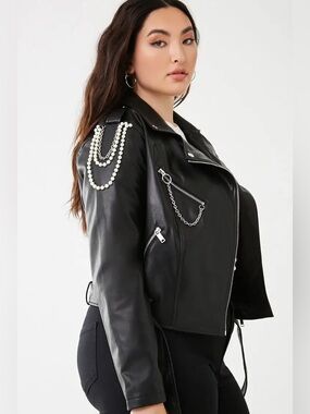 Forever 21 Black Faux Leather Moto Jacket with Pearl and Chain Detail